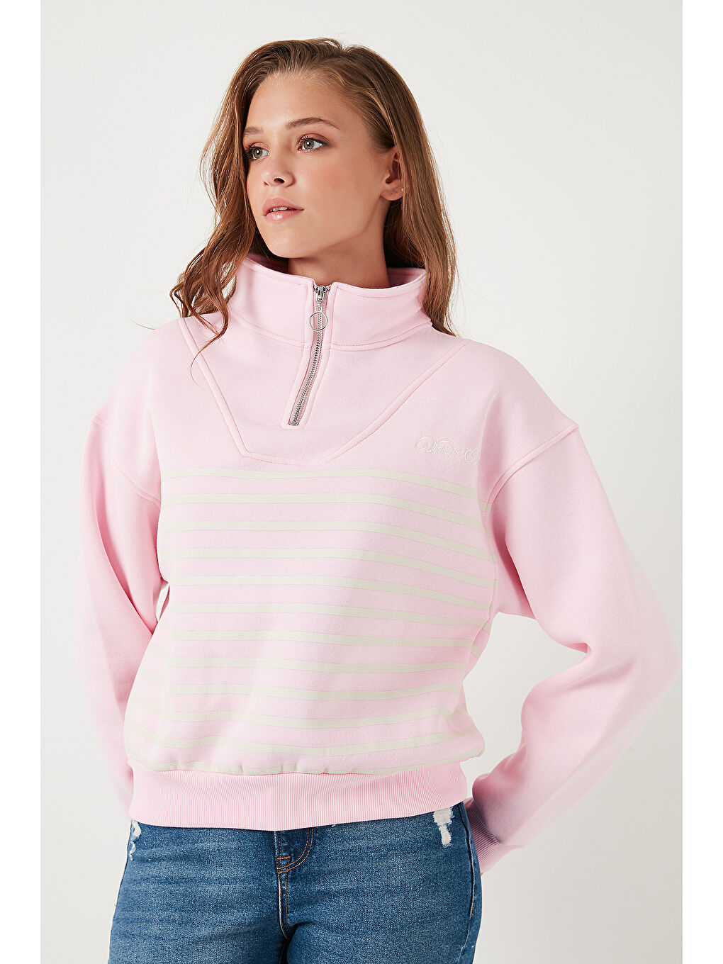 Lela Canlı Pembe Streç Oversize Fit Yarım Fermuarlı Dik Yaka Kadın Sweat 5865883 - 4