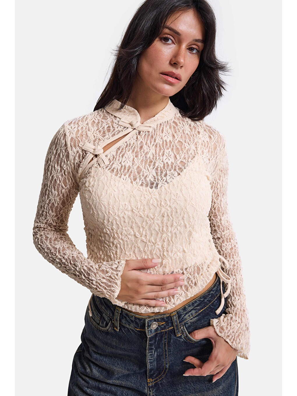 Kadın Bej W6-101 Crop Dantelli Transparan Çift Parça Tasarım Bluz-1