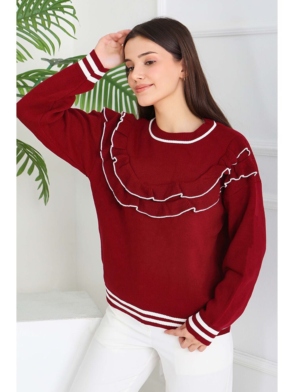 Fırfırlı Çizgili Triko Kazak Bordo - 28006-BORDO-2