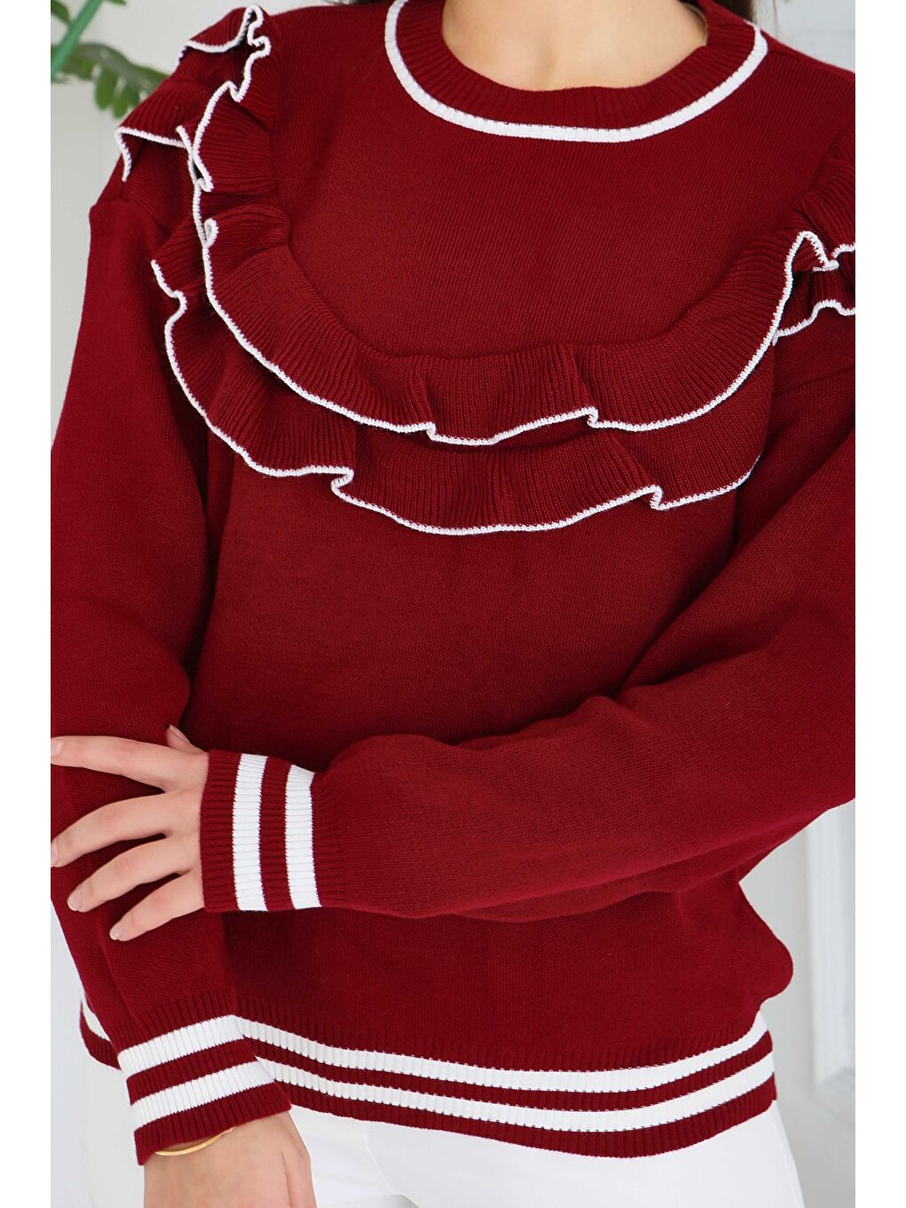 Fırfırlı Çizgili Triko Kazak Bordo - 28006-BORDO-3