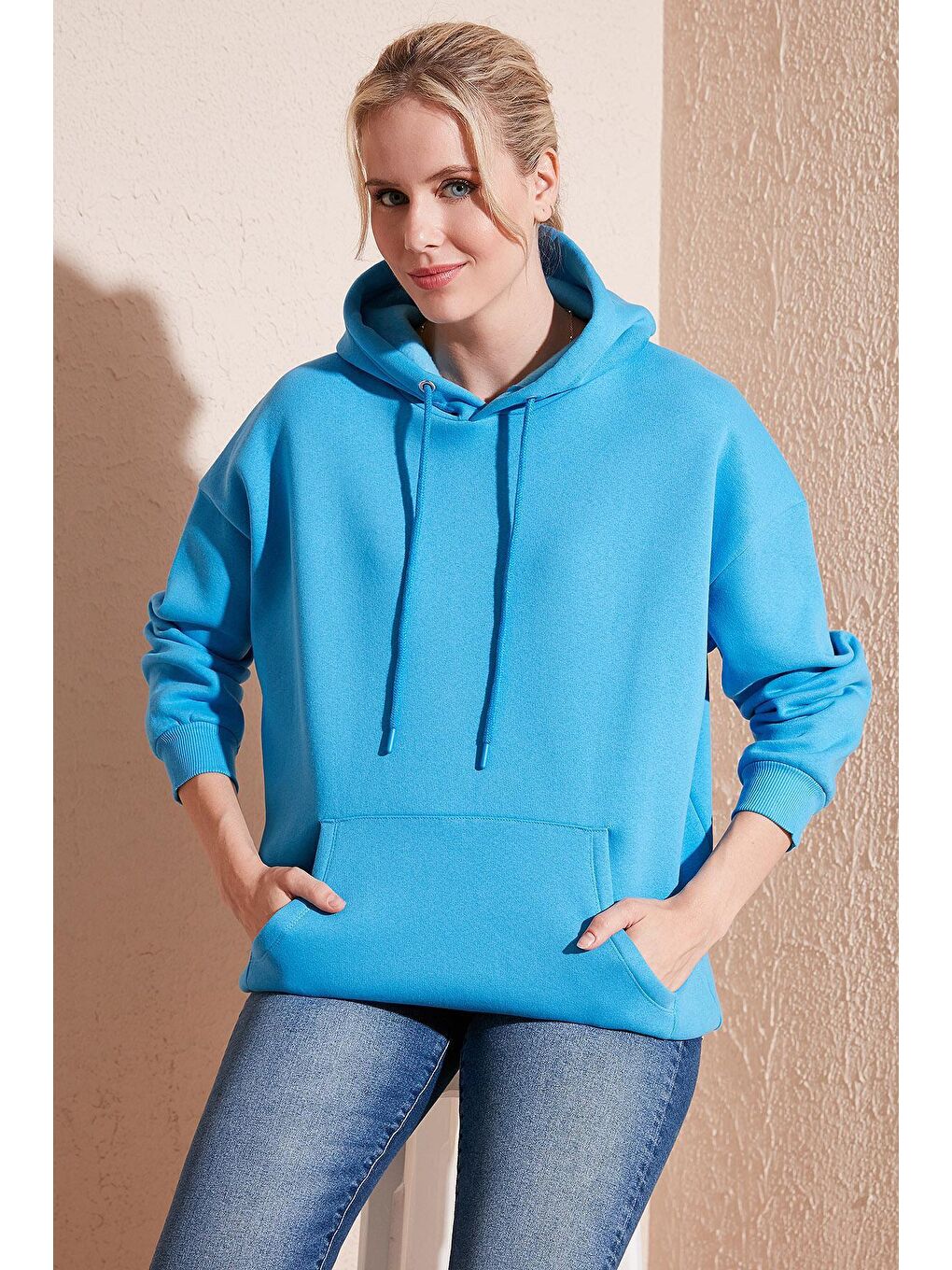 Lela Turkuaz Regular Fit Pamuklu Kapüşonlu Yaka Şardonlu Kışlık Sweat 5863854