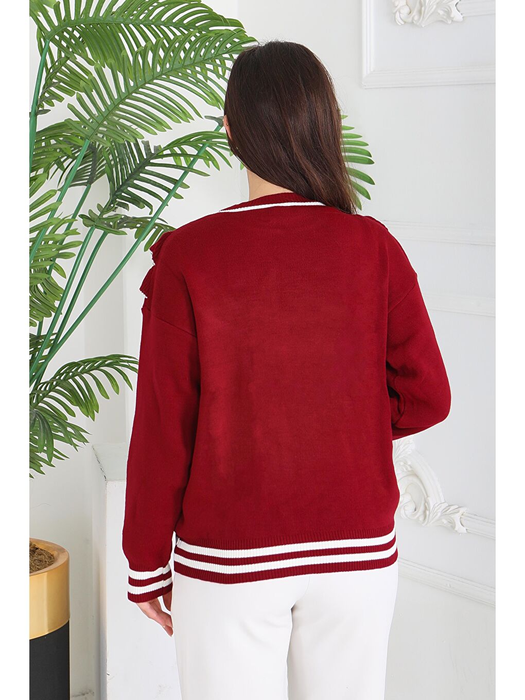 Fırfırlı Çizgili Triko Kazak Bordo - 28006-BORDO-4