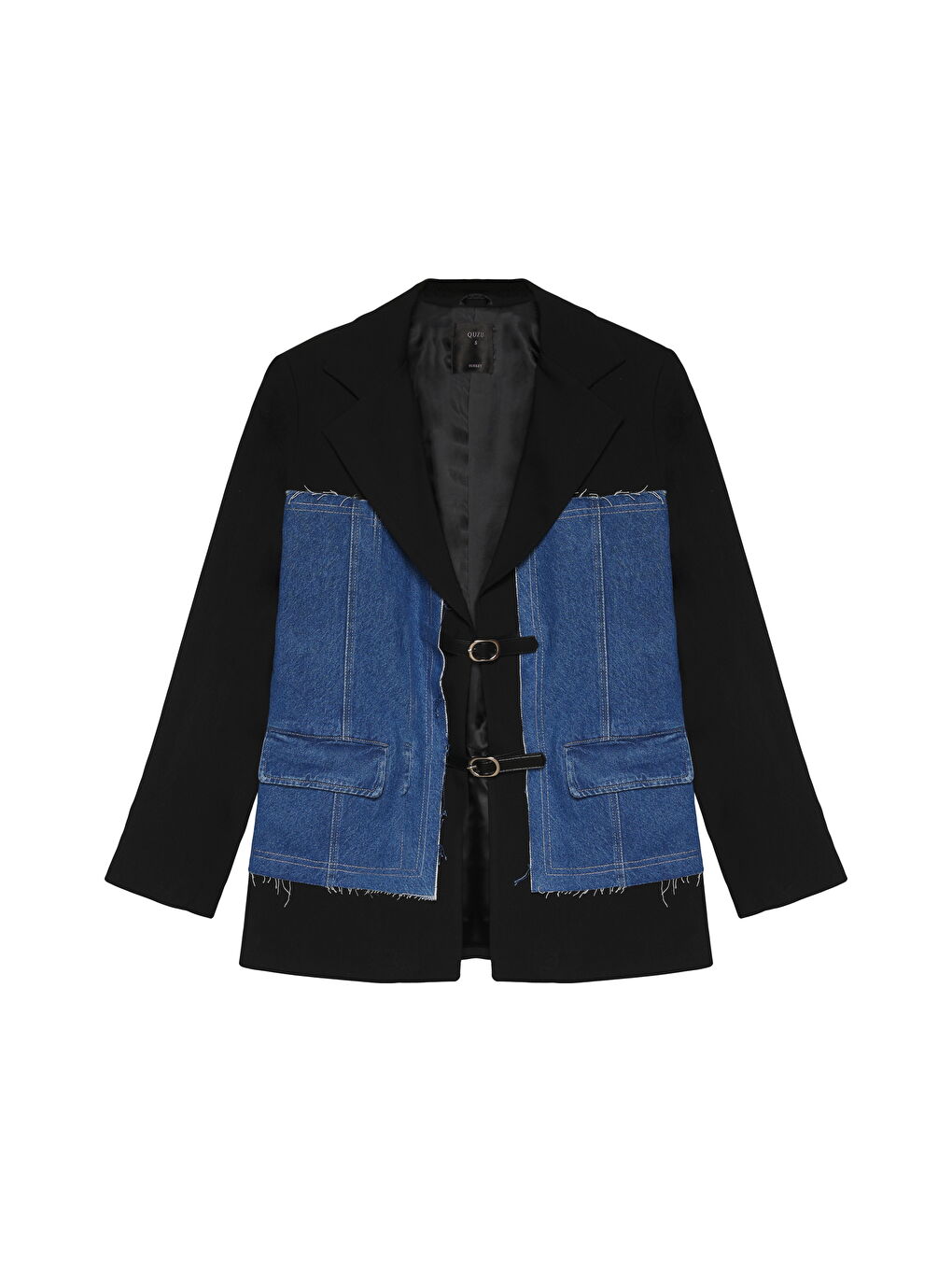 QUZU Siyah Kemer Aksesuarlı Denim Match Blazer Ceket Siyah