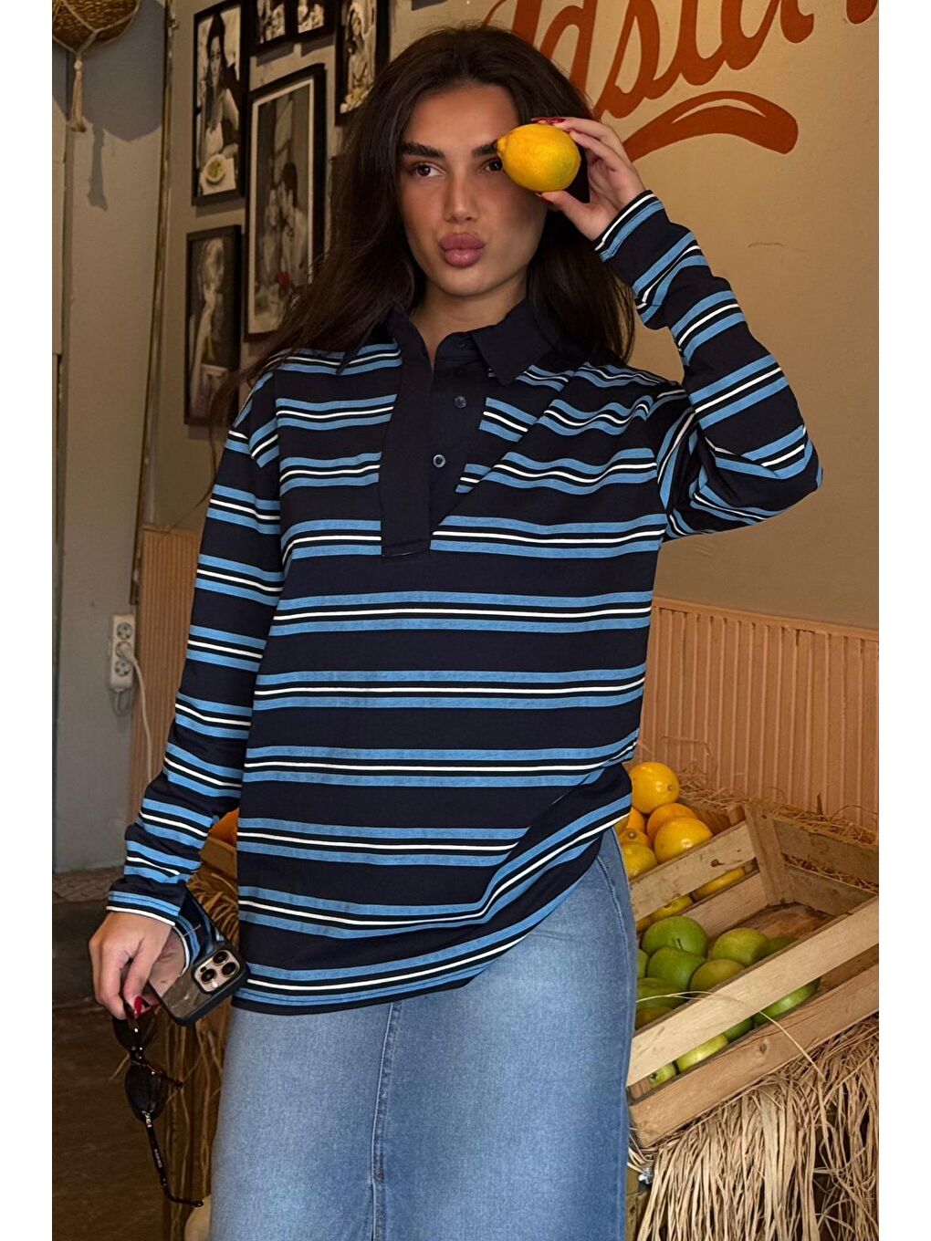 Lacivert Çizgili Düğmeli Polo Yaka Kadın Uzun Kollu Tişört  Mg2587-1