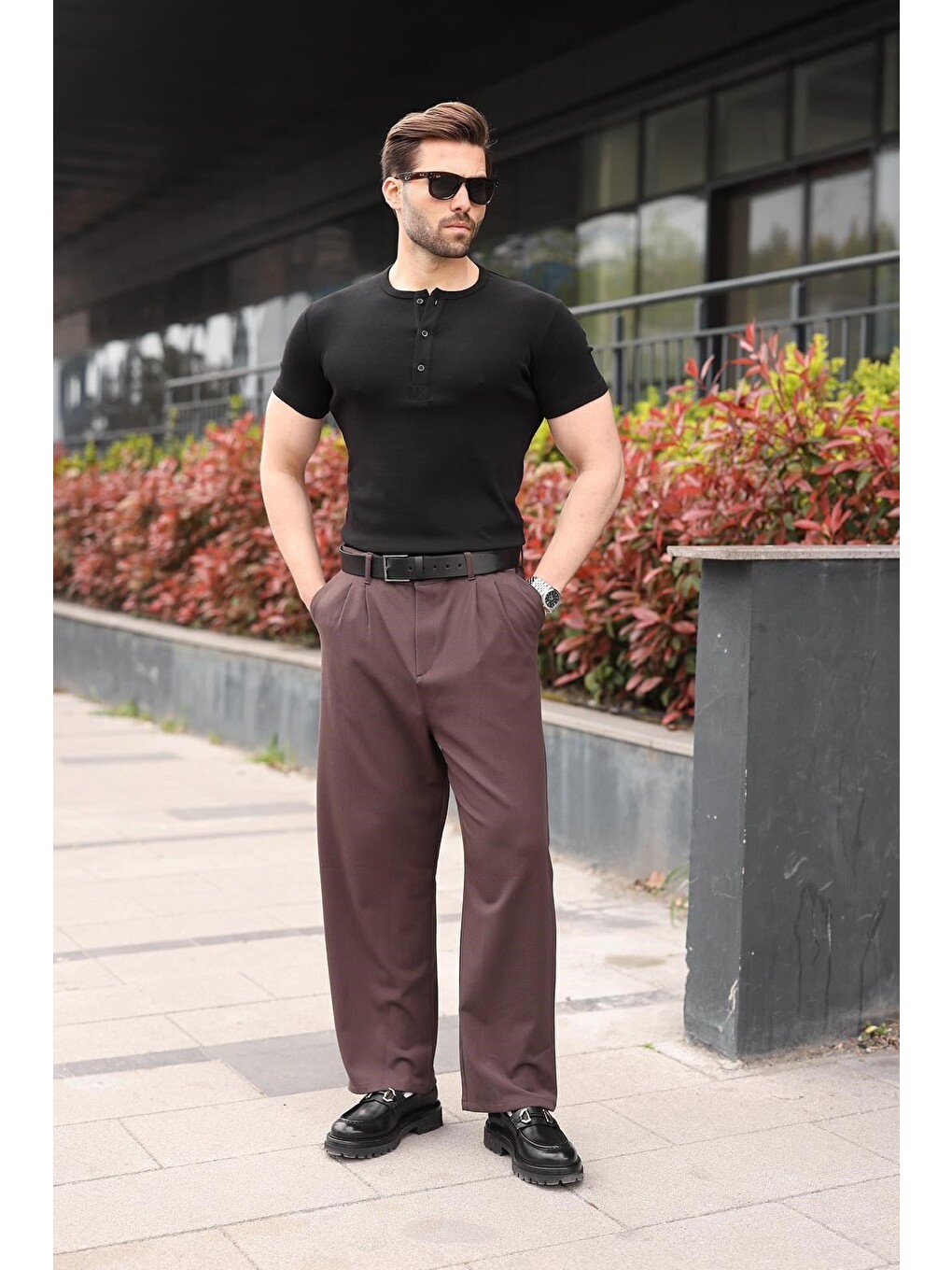 Siyah Yarım Düğmeli Slim Fit Erkek Tişört E7186-1