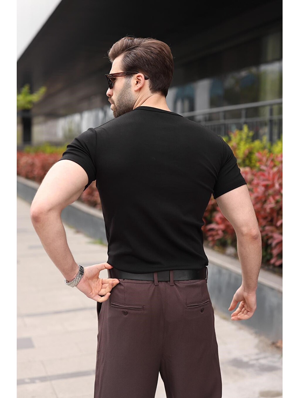 Siyah Yarım Düğmeli Slim Fit Erkek Tişört E7186-2