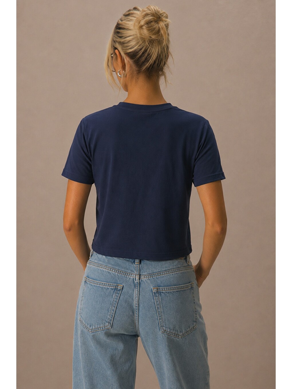 Lacivert Kadın Cherry Baskılı Crop Tişört Relax Kalıp Bisiklet Yaka %100 Pamuk Süprem Kısa Kollu T-shirt-2