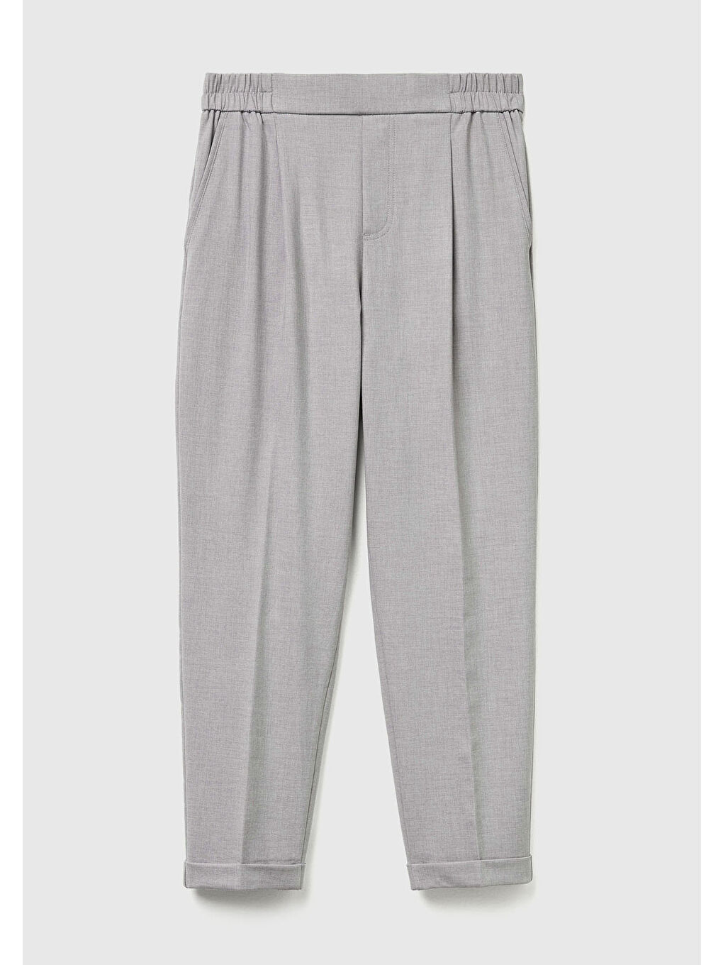 Kadın Gri Viskoz Karışımlı Yanı ve Arkası Büzgülü Kıvrık Paça Pantolon-1