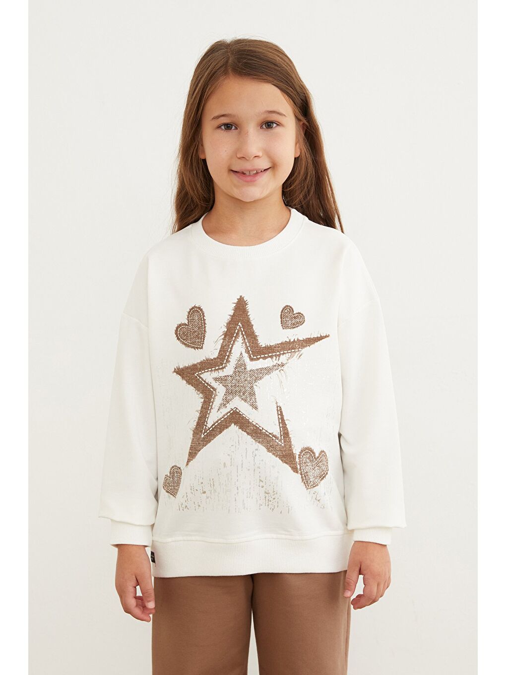 Ekru Yıldız Ve Kalp Baskılı Kız Çocuk Sweatshirt