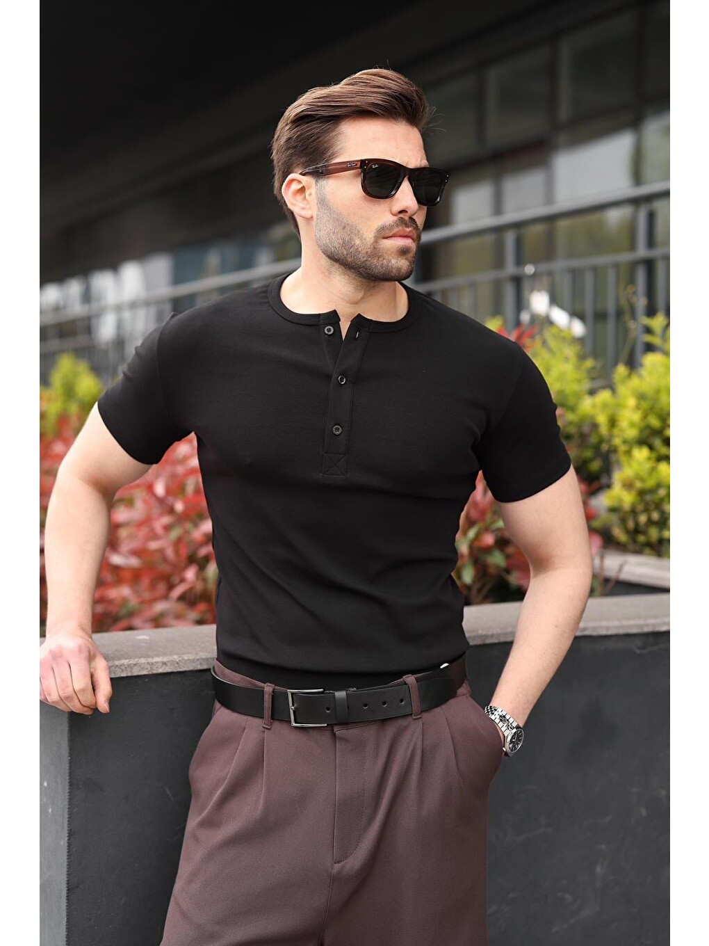 Siyah Yarım Düğmeli Slim Fit Erkek Tişört E7186-4