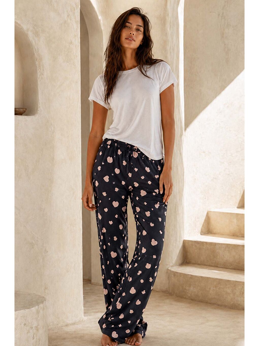 Büyük Beden Kadın Viskon Kumaş Pembe Kalp Desen Penye Battal Tek Pijama Alt 18 Siyah03