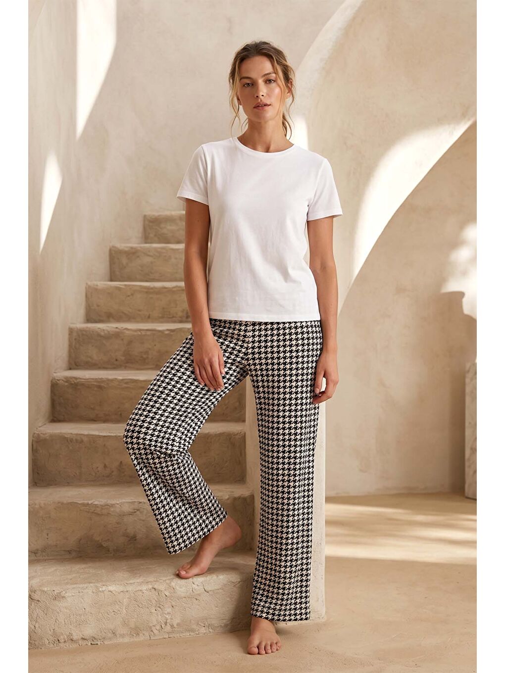 Büyük Beden Kadın Viskon Kumaş Kazayağı Desen Penye Battal Tek Pijama Alt 20 Siyah05