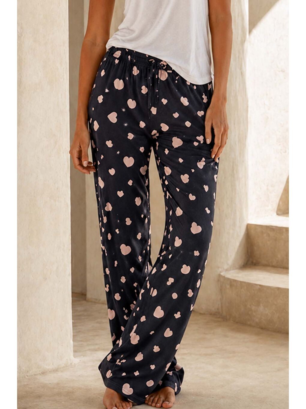 Büyük Beden Kadın Viskon Kumaş Pembe Kalp Desen Penye Battal Tek Pijama Alt 18 Siyah03-1