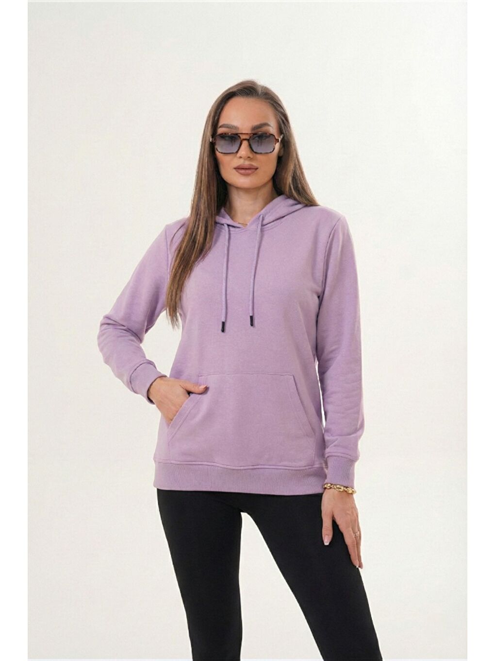 Lila Unisex %100 Pamuk Basic Premium Kapüşonlu Sweatshirt
