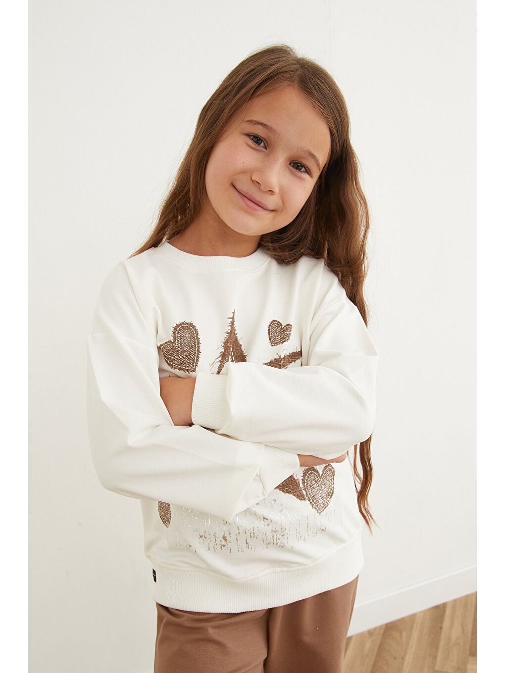 Ekru Yıldız Ve Kalp Baskılı Kız Çocuk Sweatshirt-1