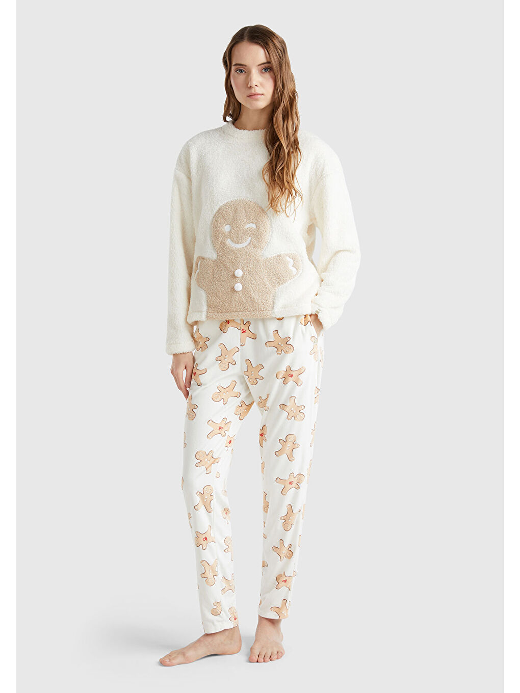 Ekru Kadın Krem Pamuk Karışımlı Önü Baskılı Pijama Üstü