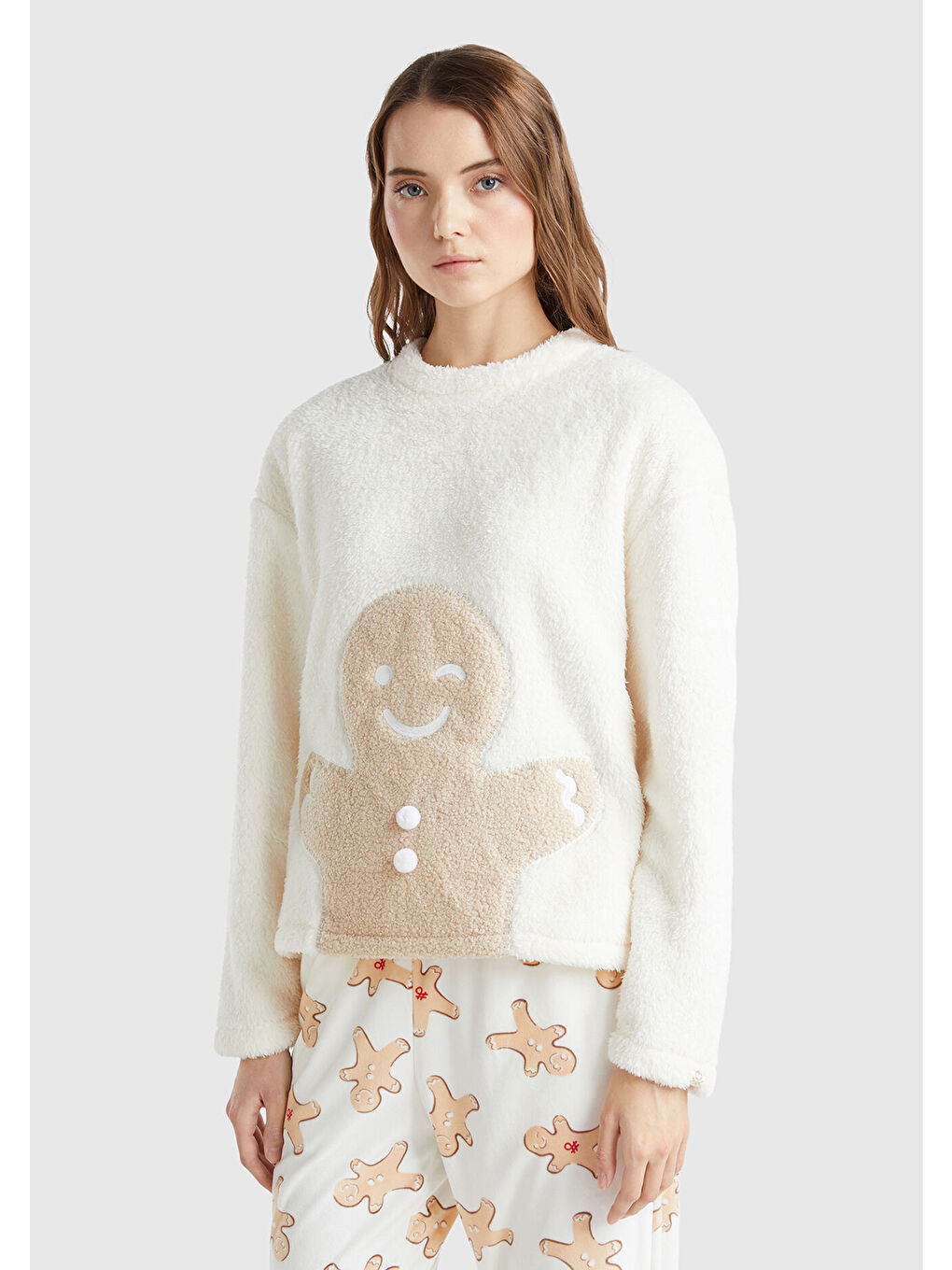 Ekru Kadın Krem Pamuk Karışımlı Önü Baskılı Pijama Üstü-1