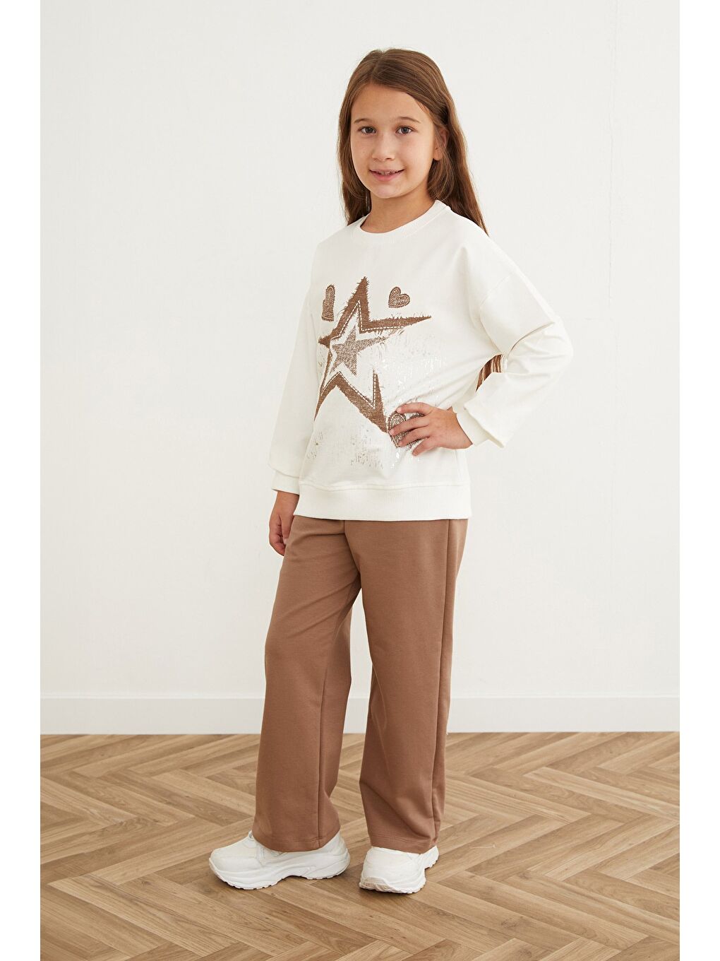 Ekru Yıldız Ve Kalp Baskılı Kız Çocuk Sweatshirt-3