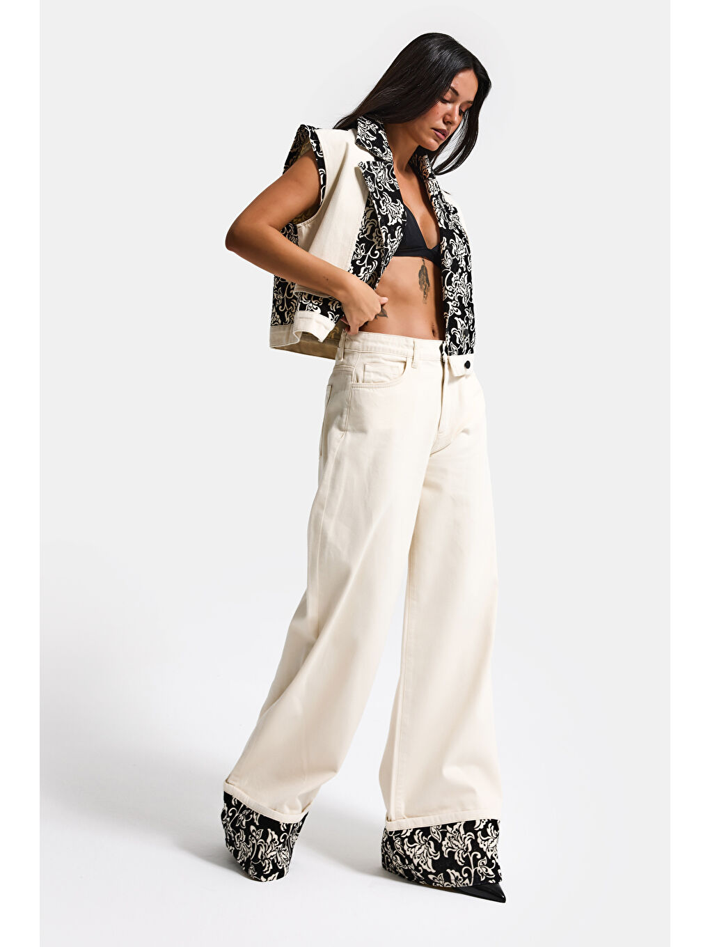 Bej Kadın Raw 7s6-69 Relaxed Baggy Fit Nakış Detaylı Özel Tasarım Denim Jean-3