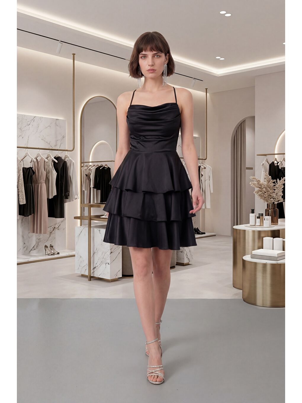 Kadın Siyah İnce Askılı Degaje Yaka Mini Saten Mezuniyet Abiye Elbise-4