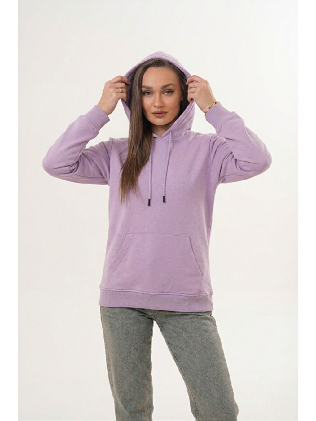 Lila Unisex %100 Pamuk Basic Premium Kapüşonlu Sweatshirt-1