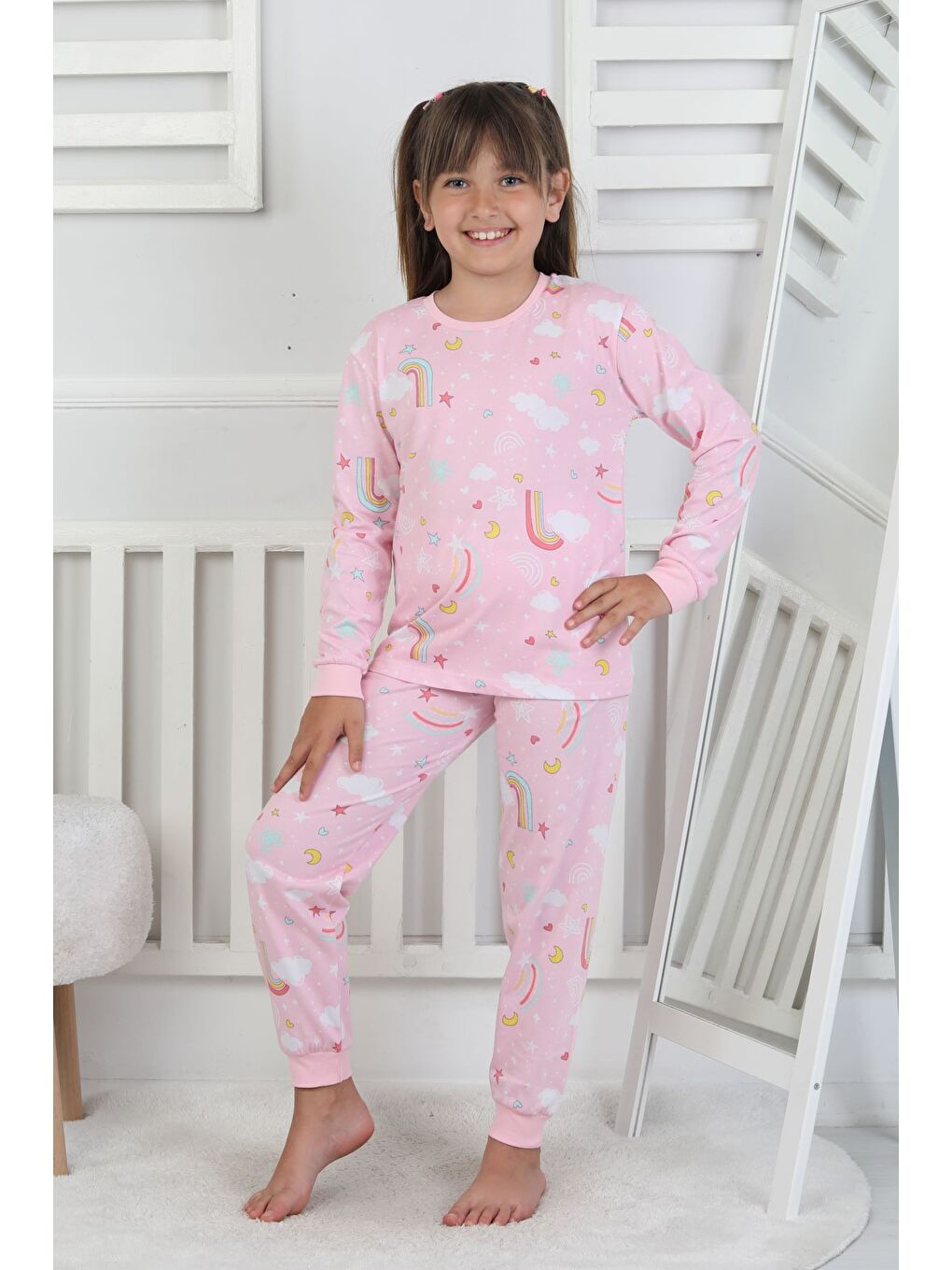 Pembe Cute Dreams Pattern Uzun Kollu Kız Çocuk Pijama Takımı-1