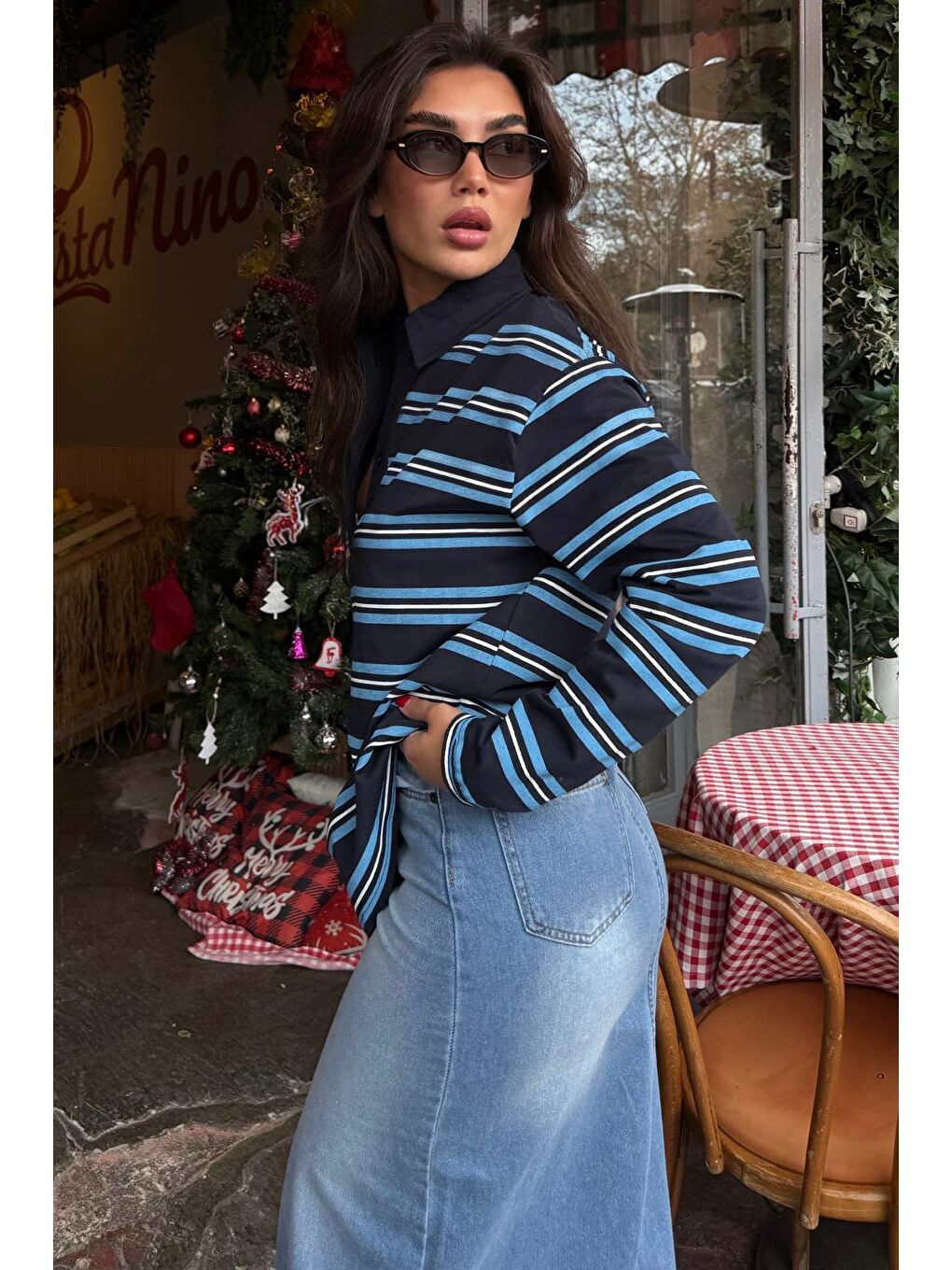 Lacivert Çizgili Düğmeli Polo Yaka Kadın Uzun Kollu Tişört  Mg2587-4