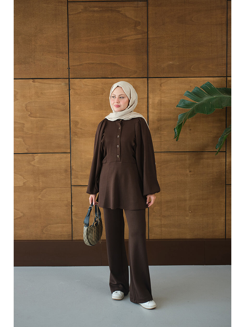 Kadın Çıtçıt Büzgü Detay İkili Takım Kahverengi-1