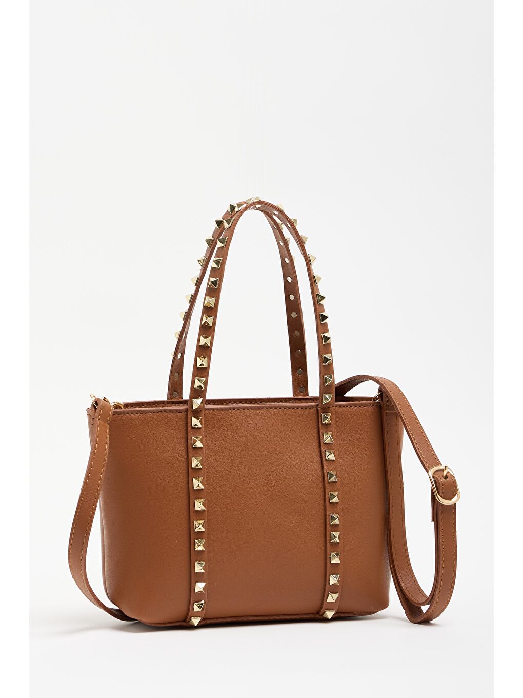 Kahverengi Taba Kadın Küçük Boy Zımba Detaylı Pu Deri Tokalı El Ve Omuz Çantası