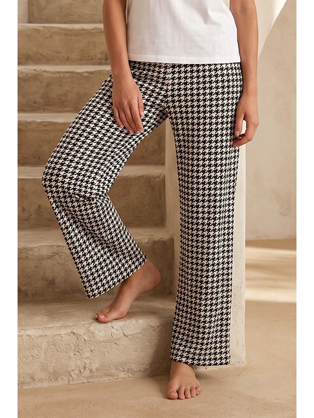 Büyük Beden Kadın Viskon Kumaş Kazayağı Desen Penye Battal Tek Pijama Alt 20 Siyah05-1