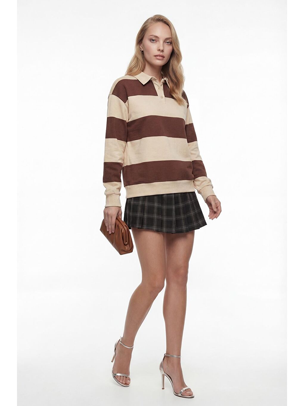 Bej Çizgili Düğmeli Polo Yaka Kadın Uzun Kollu Tişört  Mg2586-1