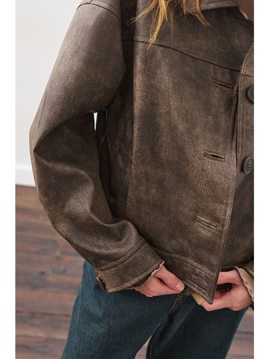 Kahverengi Eskitme Deri Ceket Vıntage-4