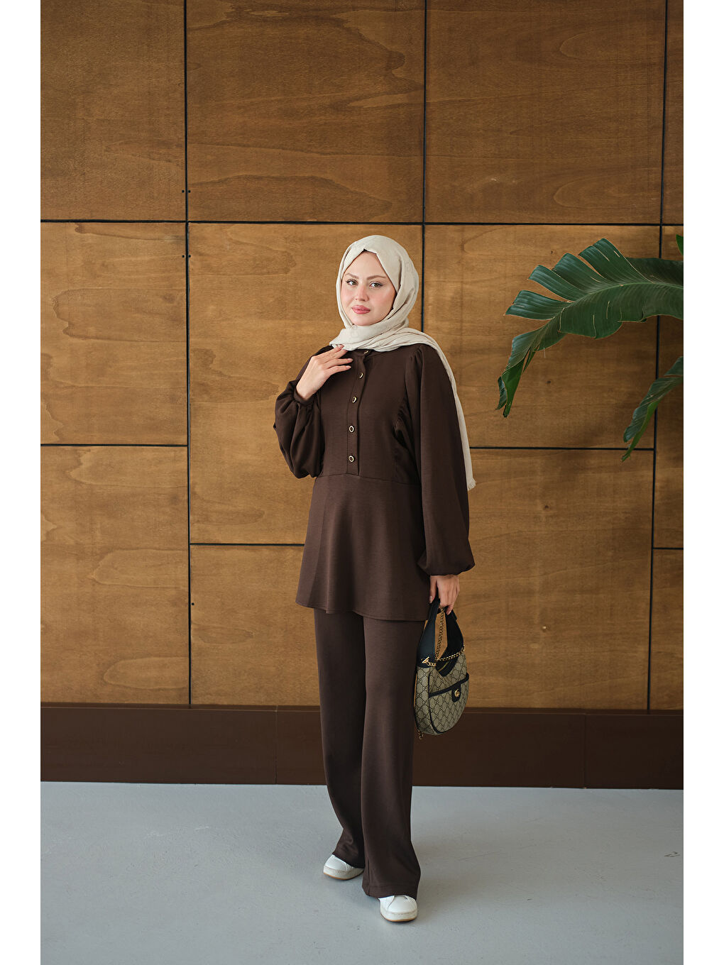 Kadın Çıtçıt Büzgü Detay İkili Takım Kahverengi-2