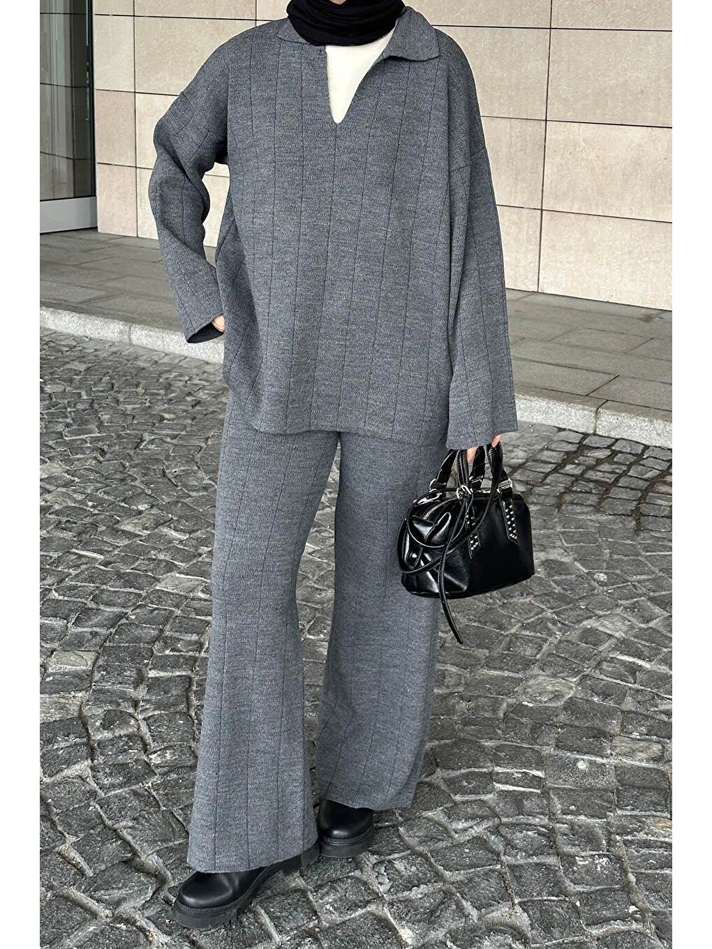 Yaka Detay İkili Tesettür Takım Antrasit-1