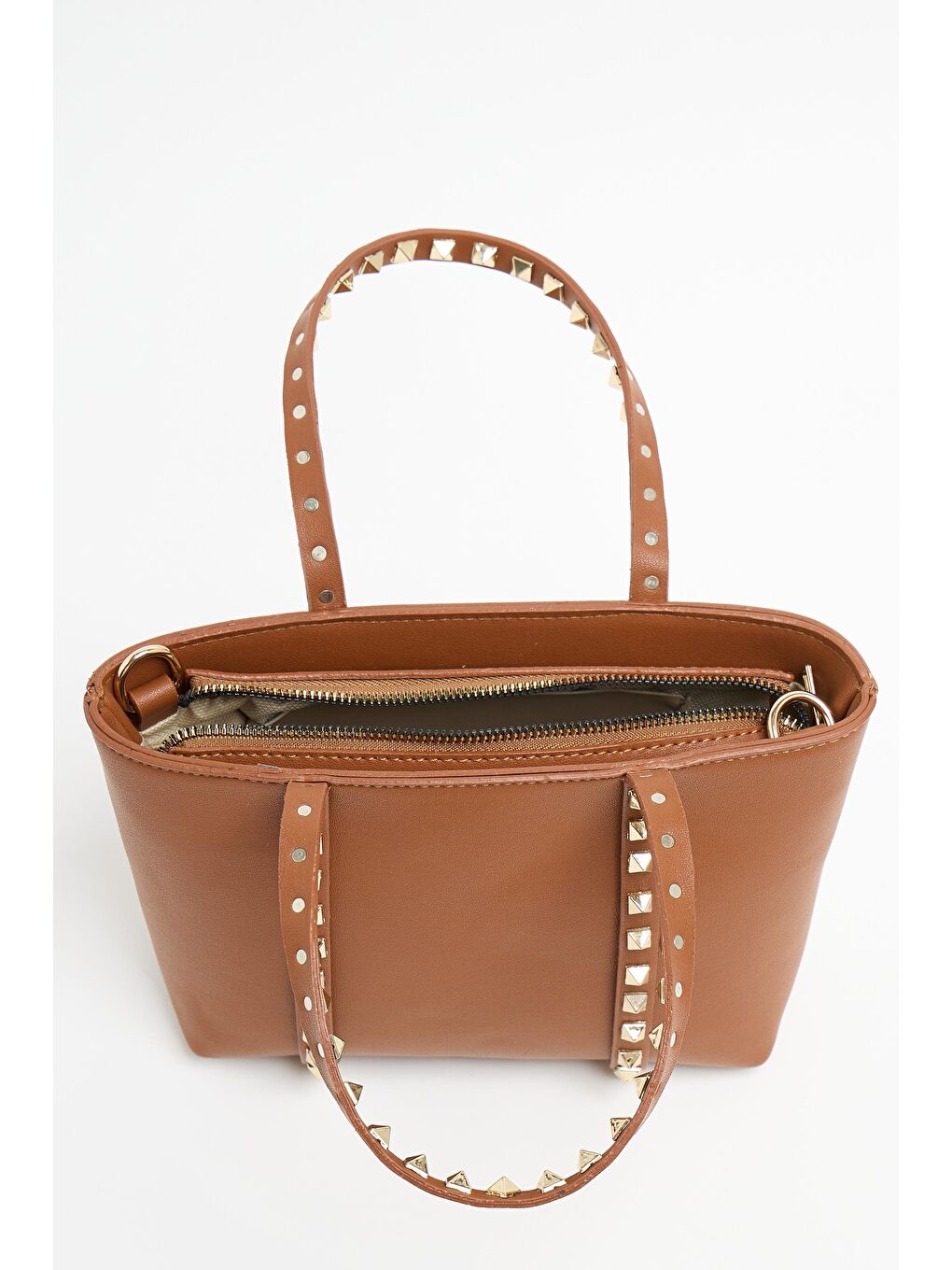 Kahverengi Taba Kadın Küçük Boy Zımba Detaylı Pu Deri Tokalı El Ve Omuz Çantası-1