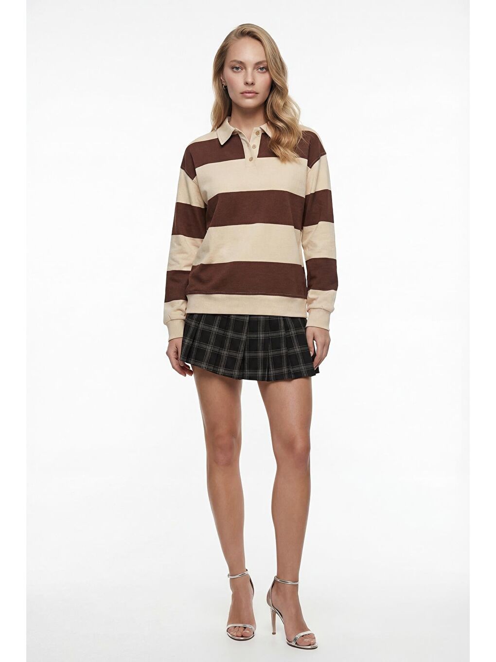 Bej Çizgili Düğmeli Polo Yaka Kadın Uzun Kollu Tişört  Mg2586-2