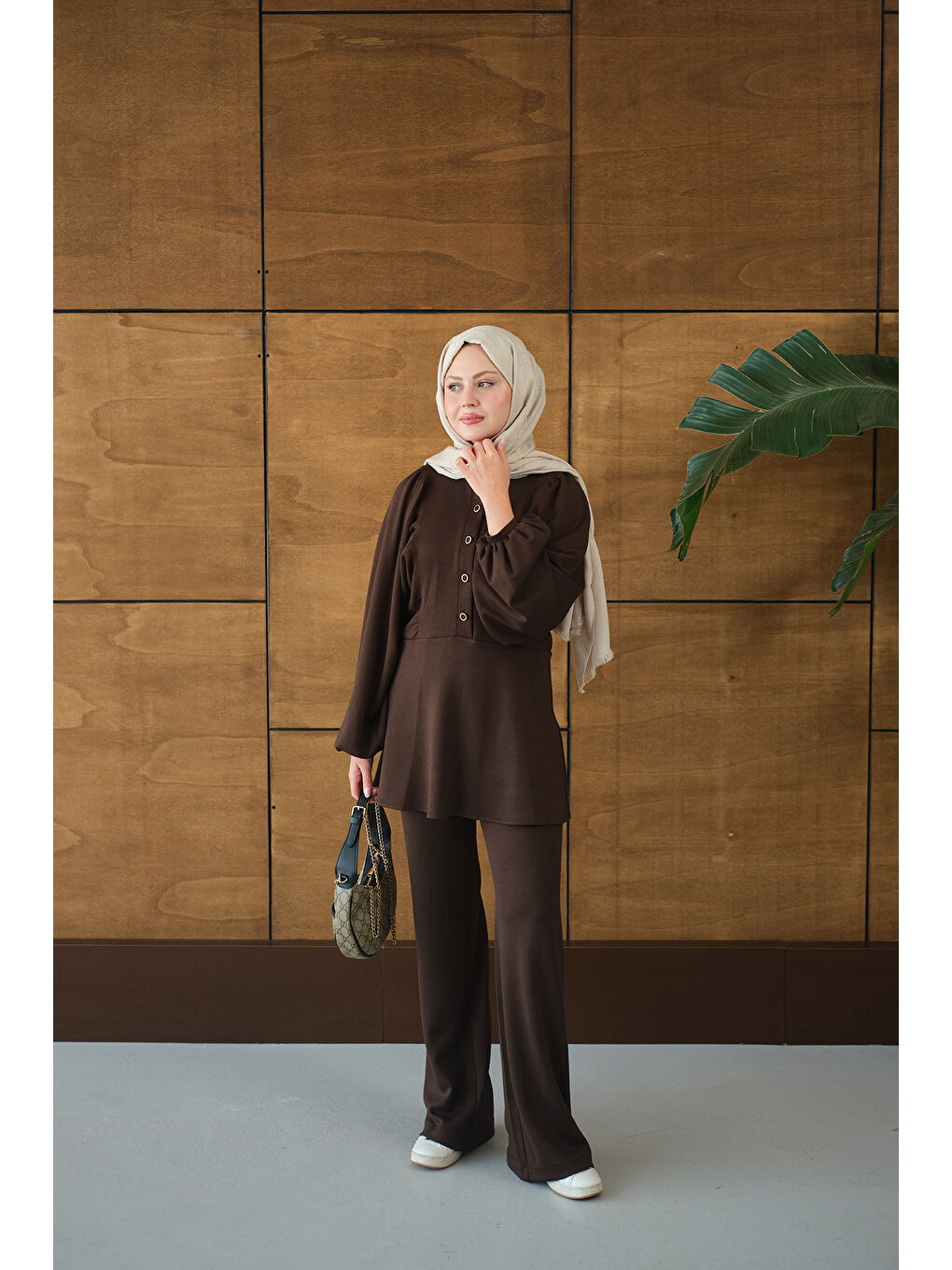 Kadın Çıtçıt Büzgü Detay İkili Takım Kahverengi-3