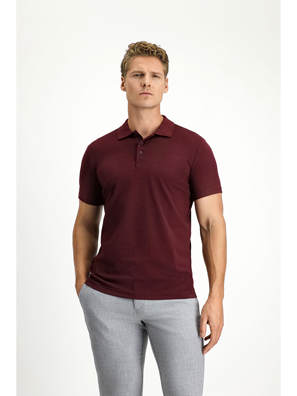 Bordo Slim Fit Dar Kesim Pamuklu Polo Yaka Tişört