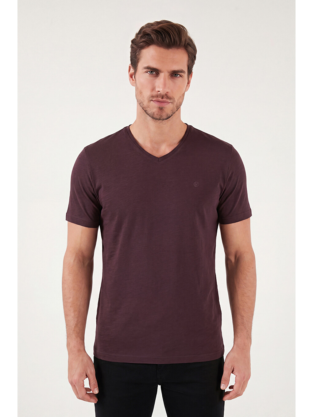 Bordo Pamuklu Regular Fit V Yaka T Shirt 5902719-1