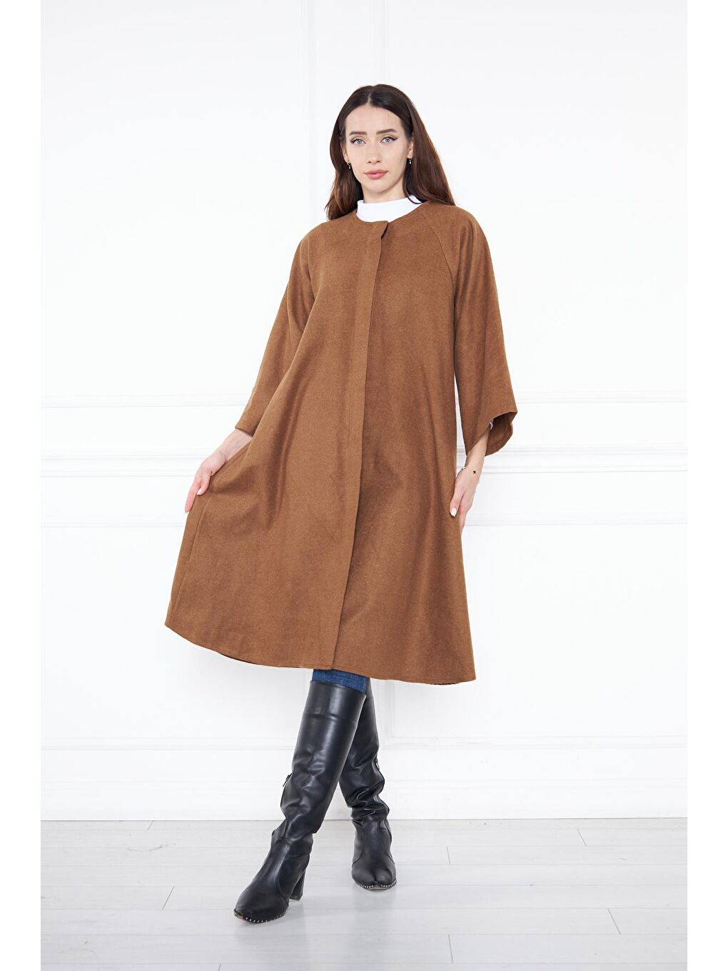 Kahverengi Kadın Oversize Uzun Kollu Kaşe Panço-3