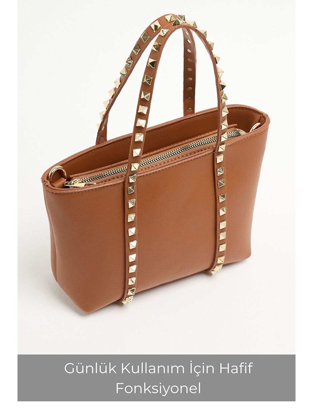 Kahverengi Taba Kadın Küçük Boy Zımba Detaylı Pu Deri Tokalı El Ve Omuz Çantası-3