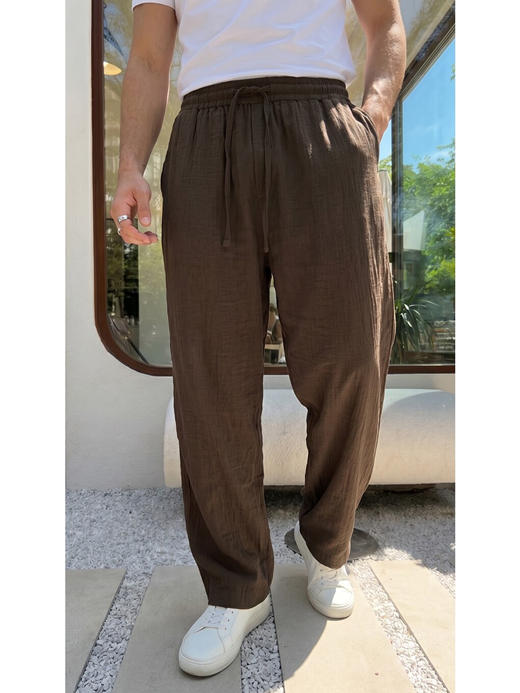 Kahverengi Balve %100 Pamuk Baggy Müslin Kumaş Erkek Pantolon Bağcıklı Lastikli Bel Yazlık Pantolon-2
