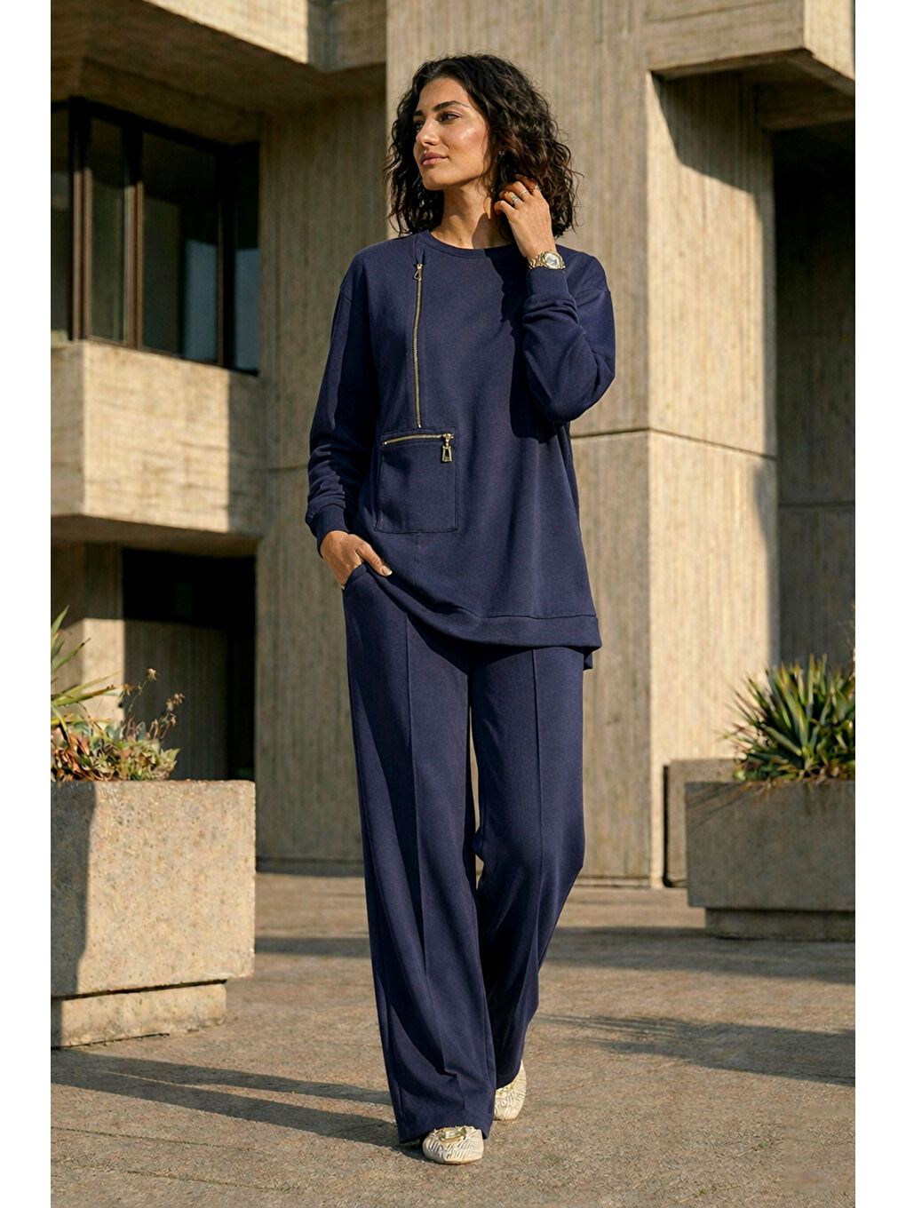 Fermuar ve Nervür Detay Tunik Pantolon Takım 1077 Lacivert