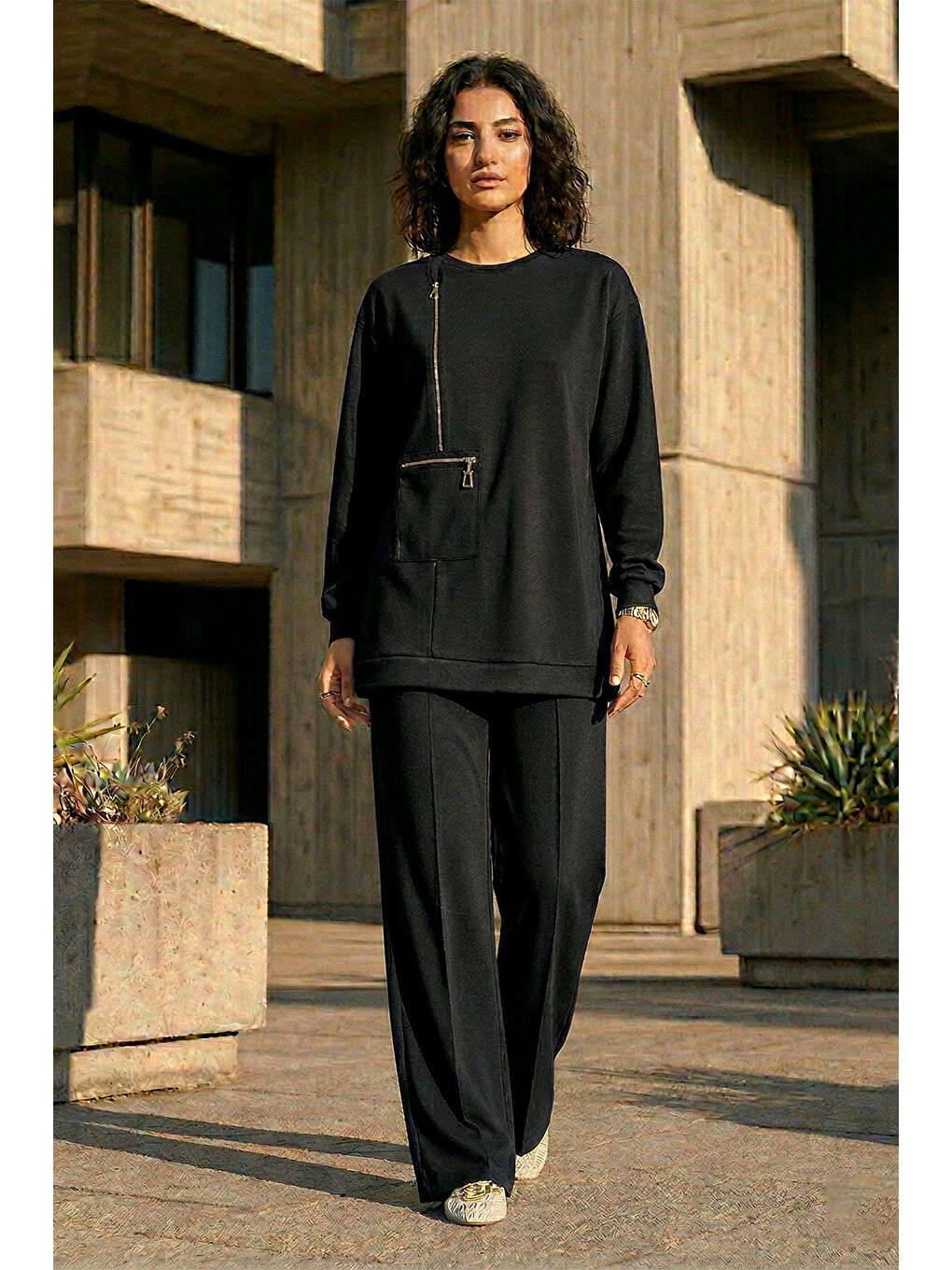Fermuar ve Nervür Detay Tunik Pantolon Takım 1077 Siyah-1
