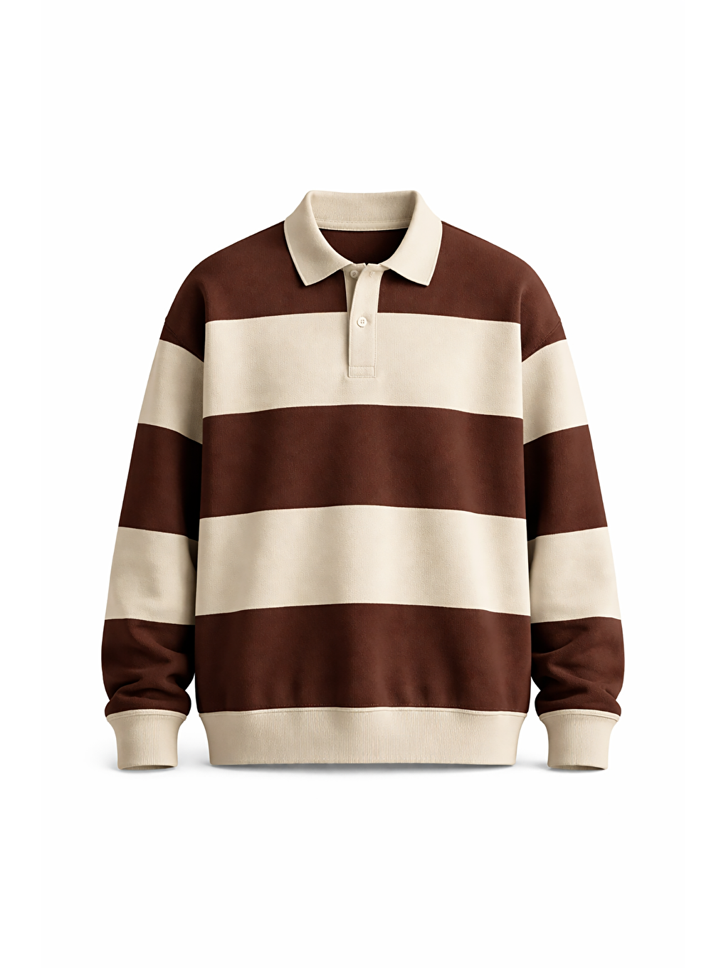 Bej Çizgili Düğmeli Polo Yaka Kadın Uzun Kollu Tişört  Mg2586-3