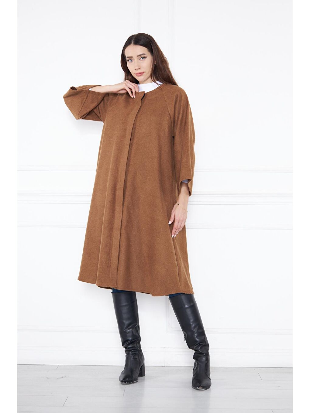 Kahverengi Kadın Oversize Uzun Kollu Kaşe Panço-4