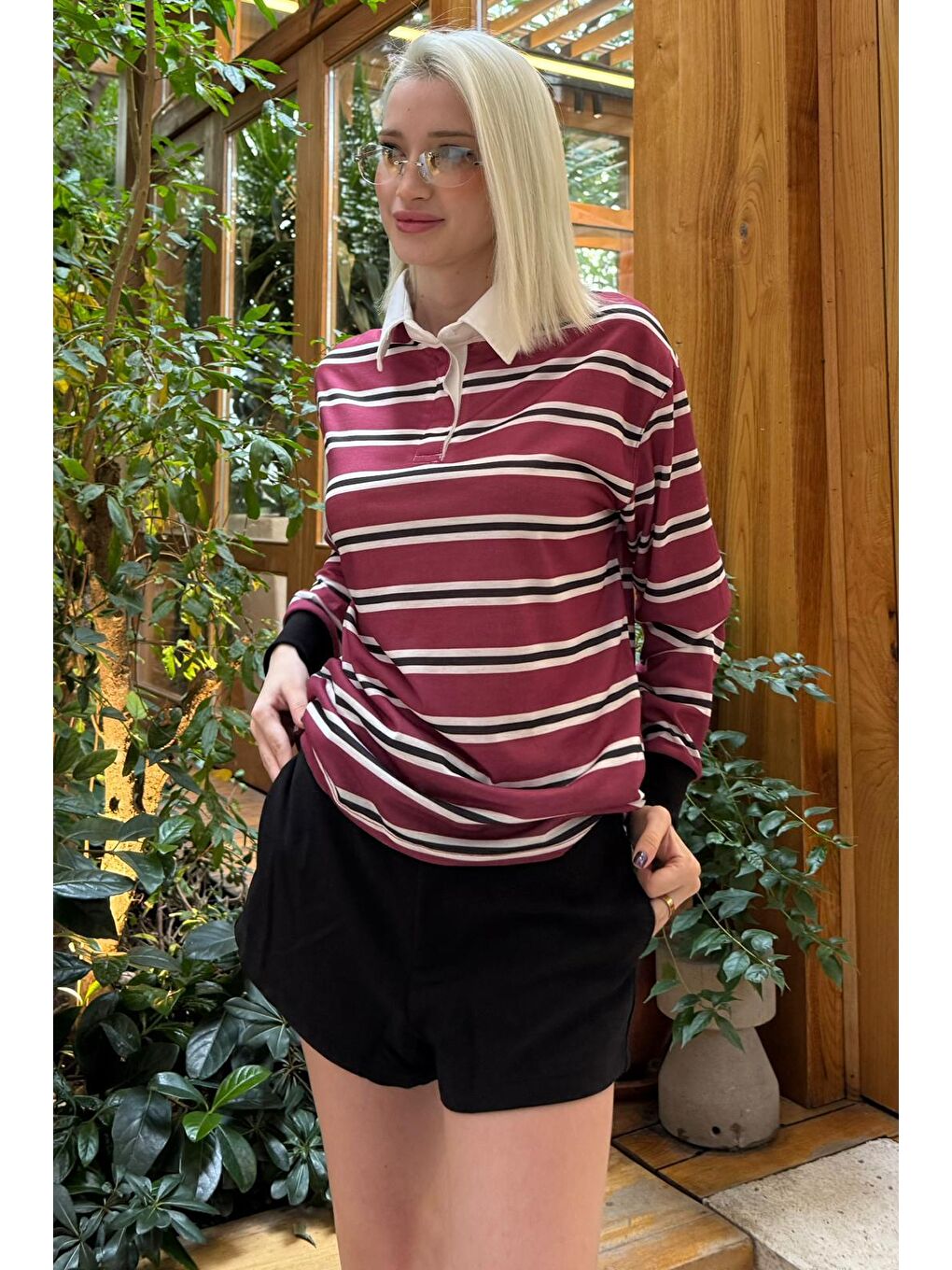 Bordo Çizgili Polo Yaka Kadın Uzun Kollu Tişört  Mg2575