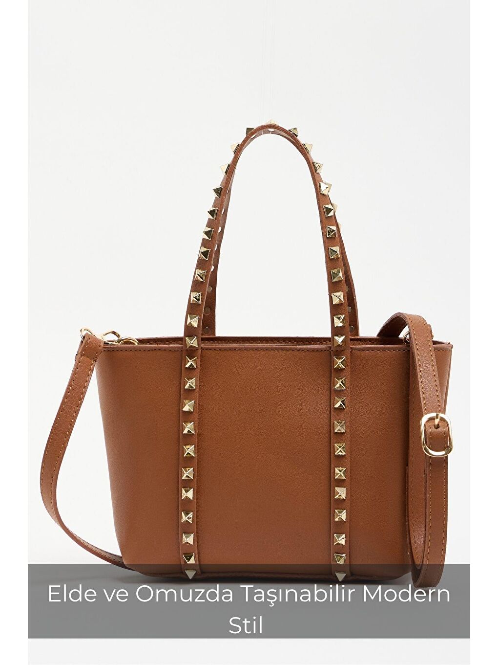 Kahverengi Taba Kadın Küçük Boy Zımba Detaylı Pu Deri Tokalı El Ve Omuz Çantası-4