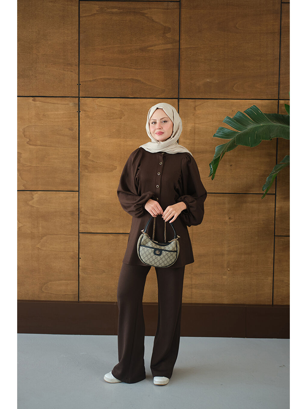 Kadın Çıtçıt Büzgü Detay İkili Takım Kahverengi-4