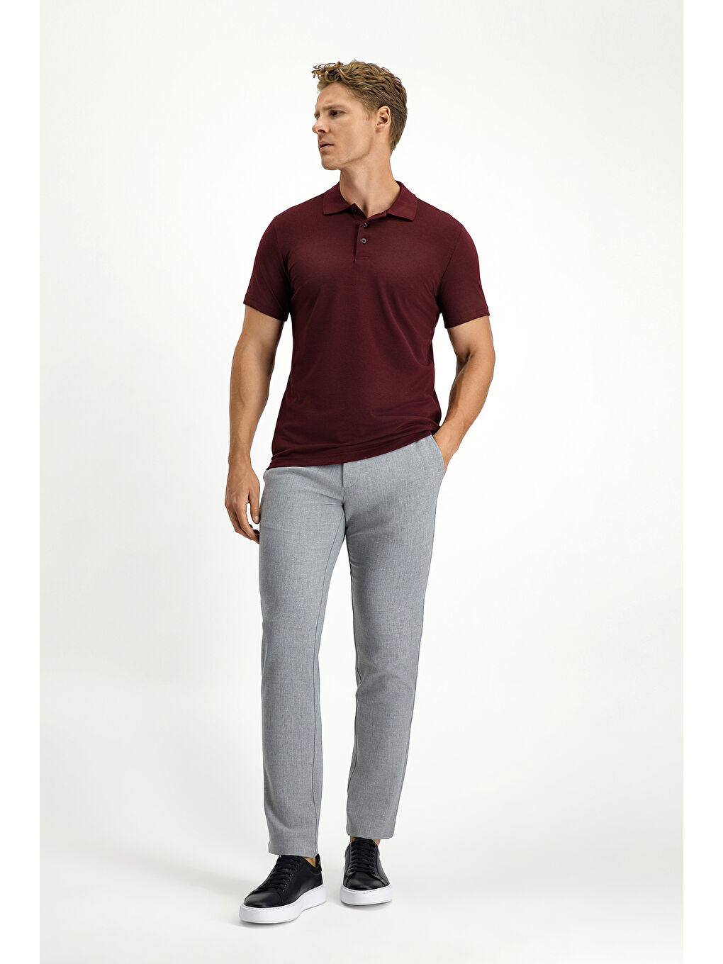 Bordo Slim Fit Dar Kesim Pamuklu Polo Yaka Tişört-1